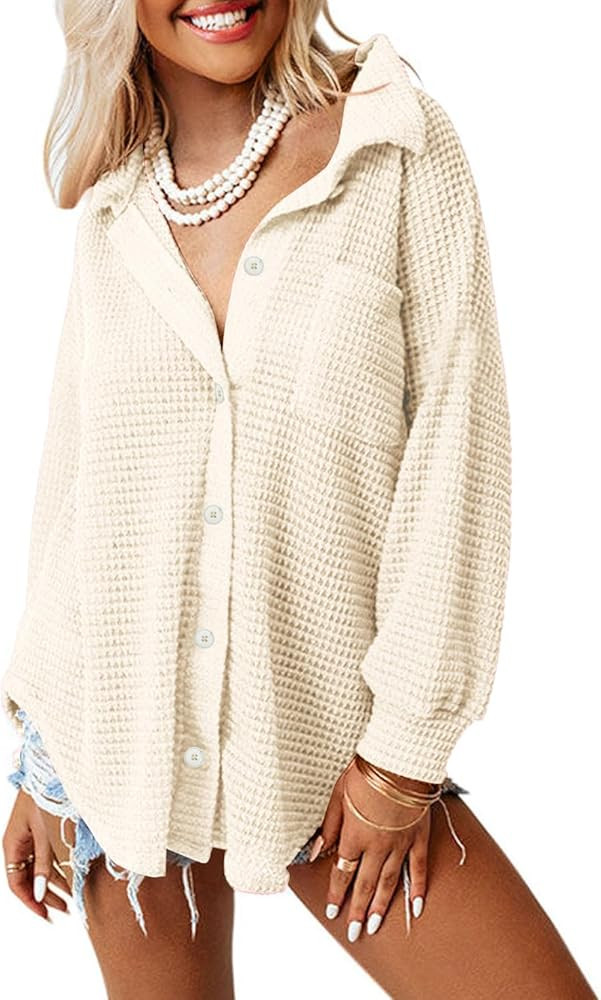 Beaully Womens Waffle Knit Long Sleeve Button Down Shirts Casual Lightweight Shacket Dressy Blous... | Amazon (US)