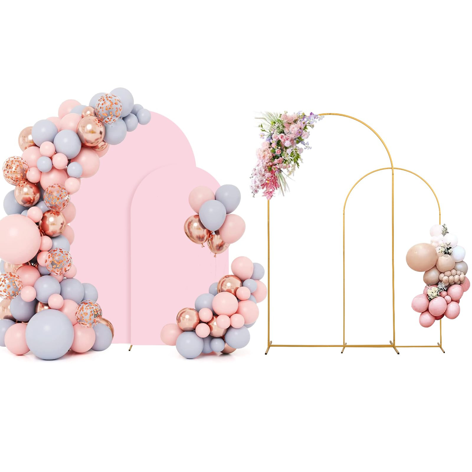 Metal Arch Backdrop Stand Set of 2 With Pink Cover (7.2FT+6FT) Gold Wedding Arch Stand Balloon Ar... | Amazon (US)