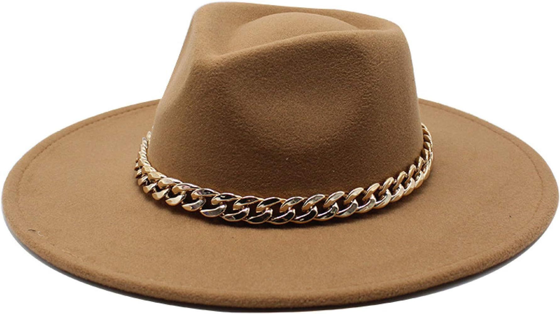 ASO-SLING Wide Brim Fedora Hats for Women Elegant Metal Chain Dress Hats Solid Color Panama Hat f... | Amazon (US)