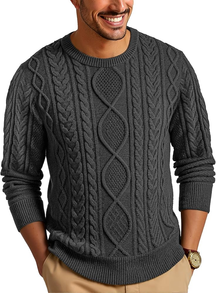 RQP Mens Crewneck Sweater Cable Knit Sweater Classic Fisherman Pullover Sweater | Amazon (US)