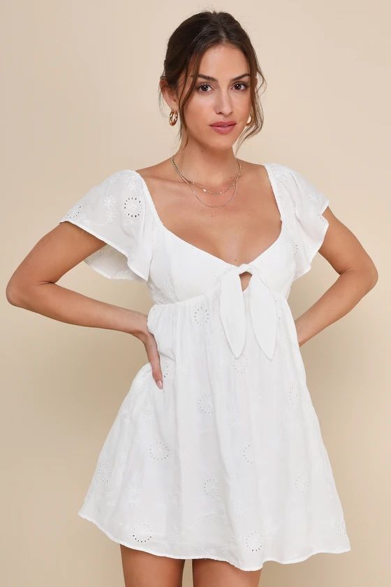 Heavenly Cutie White Embroidered Tie-Back Mini Dress | Lulus
