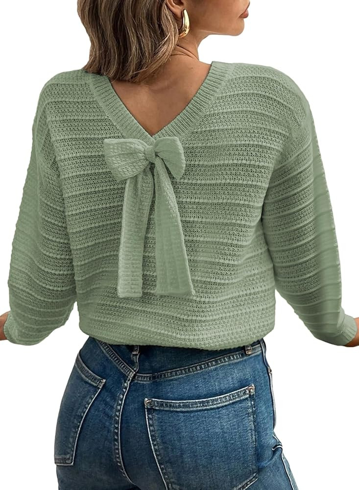 EVALESS Sweaters for Women Long Sleeve Fall Outfits 2025 Back Bow Knot Sweaters Round Neck Solid ... | Amazon (US)