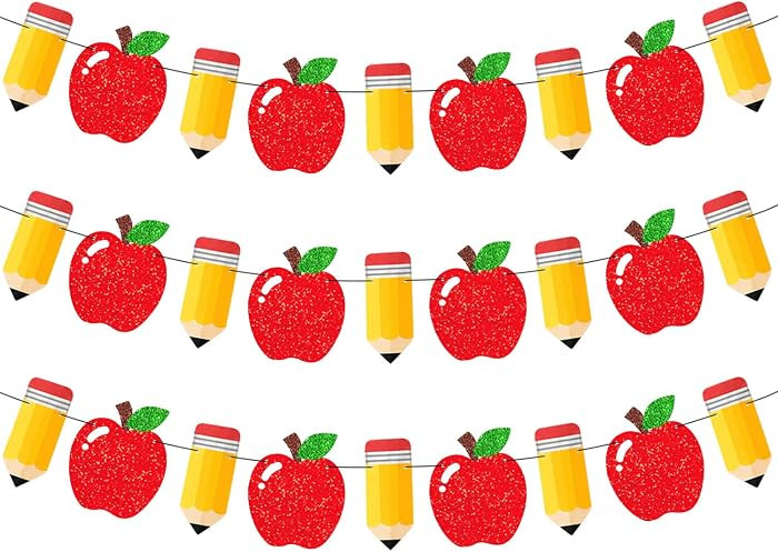 3 Pcs Apple Pencil Garland Banner for Back to School Decorations, Glitter Apple & Pencil Pre-Strung Classroom Kindergarten Hanging Decor for , First Day of School, Bulletin Board Supplies Back To school Garland for Classroom Decor | Amazon (US)