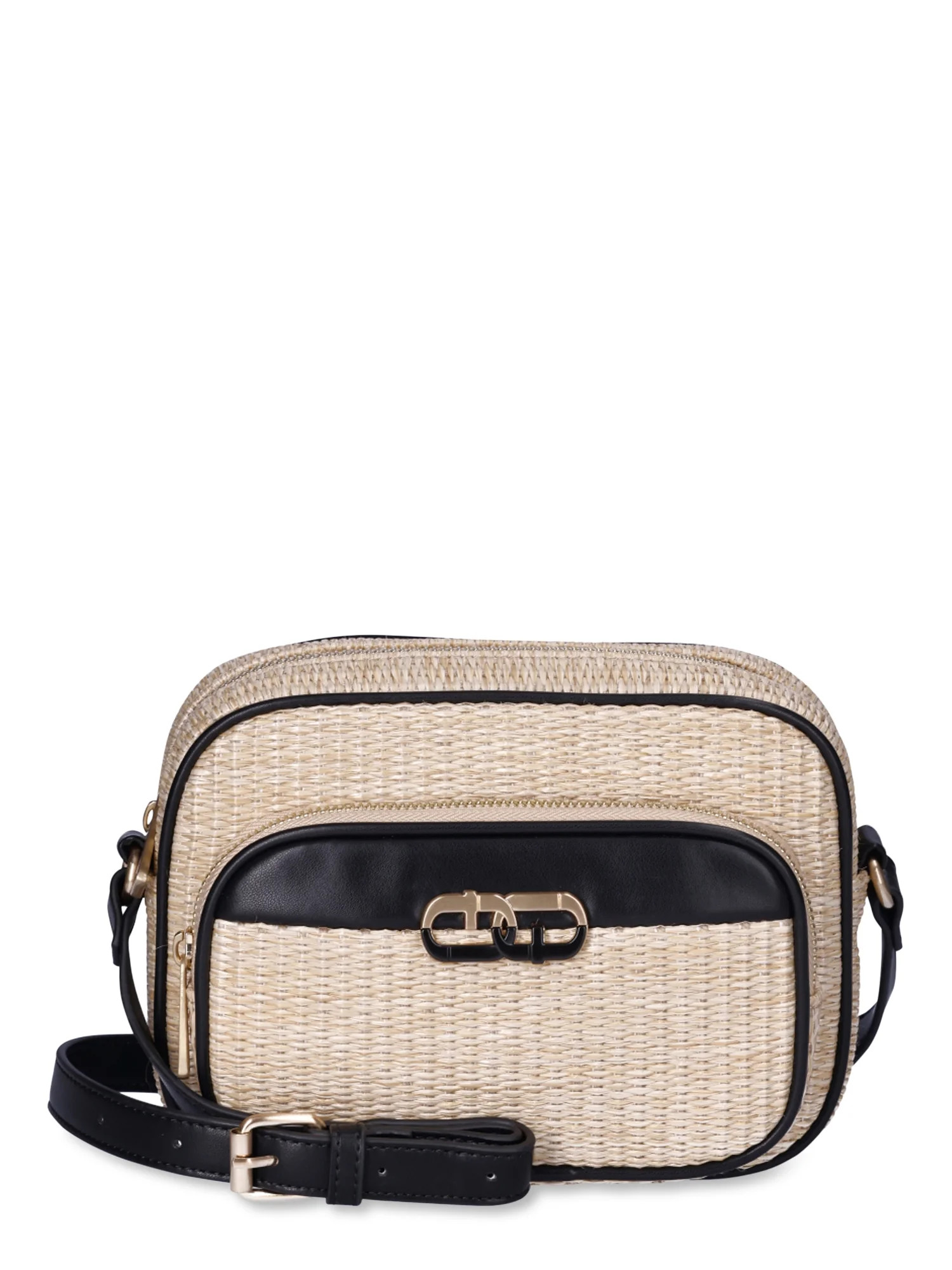 Time and Tru Women's Dorian Camera Crossbody Handbag, Tan Straw | Walmart (US)