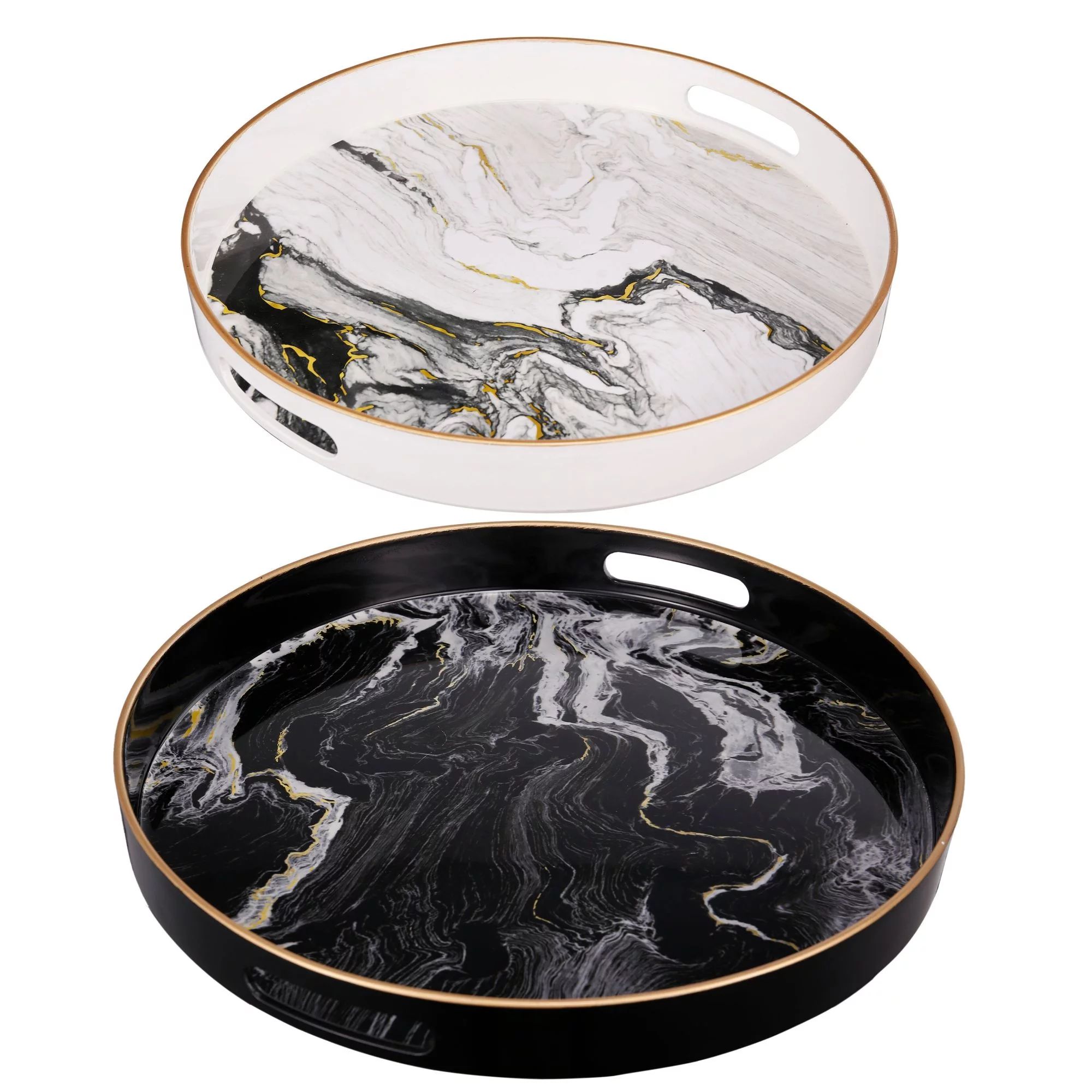 Set of 2 Black and White Quinn Round Trays with Gold Accents 13.75" - Walmart.com | Walmart (US)