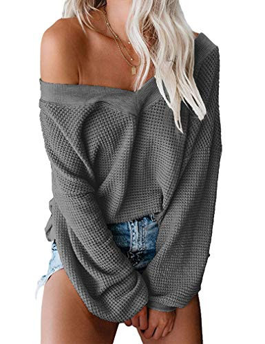 Women's Shirts V Neck Long Sleeve Waffle Knit Tops Curved Hem Casual Blouses | Amazon (US)