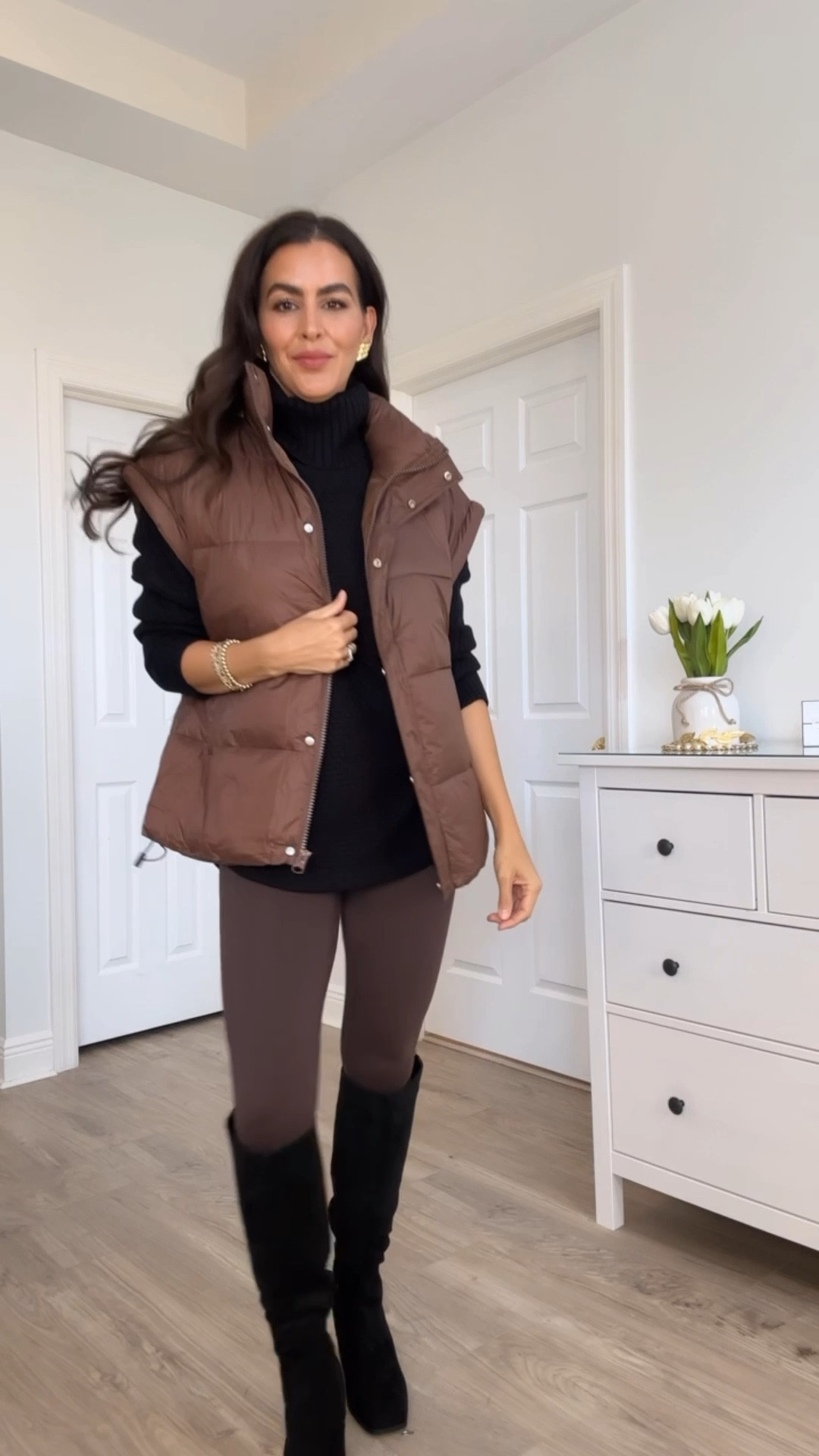 ‼️all sizing & details here⬇️
• wearing a size S in the cardigan/coat in color khaki.
• size in the faux leather & regular leggings. 
• size M, in the white long sleeve T-shirt and the black T-shirt.
• size M in puffer vest. For an oversize fit.
• size S in shirt jackets.
• oh boots and shoes run through to size. Wearing a size 9.5 in all of them.#LTKWatchNow#LTKCon

#LTKOver40 #LTKSaleAlert