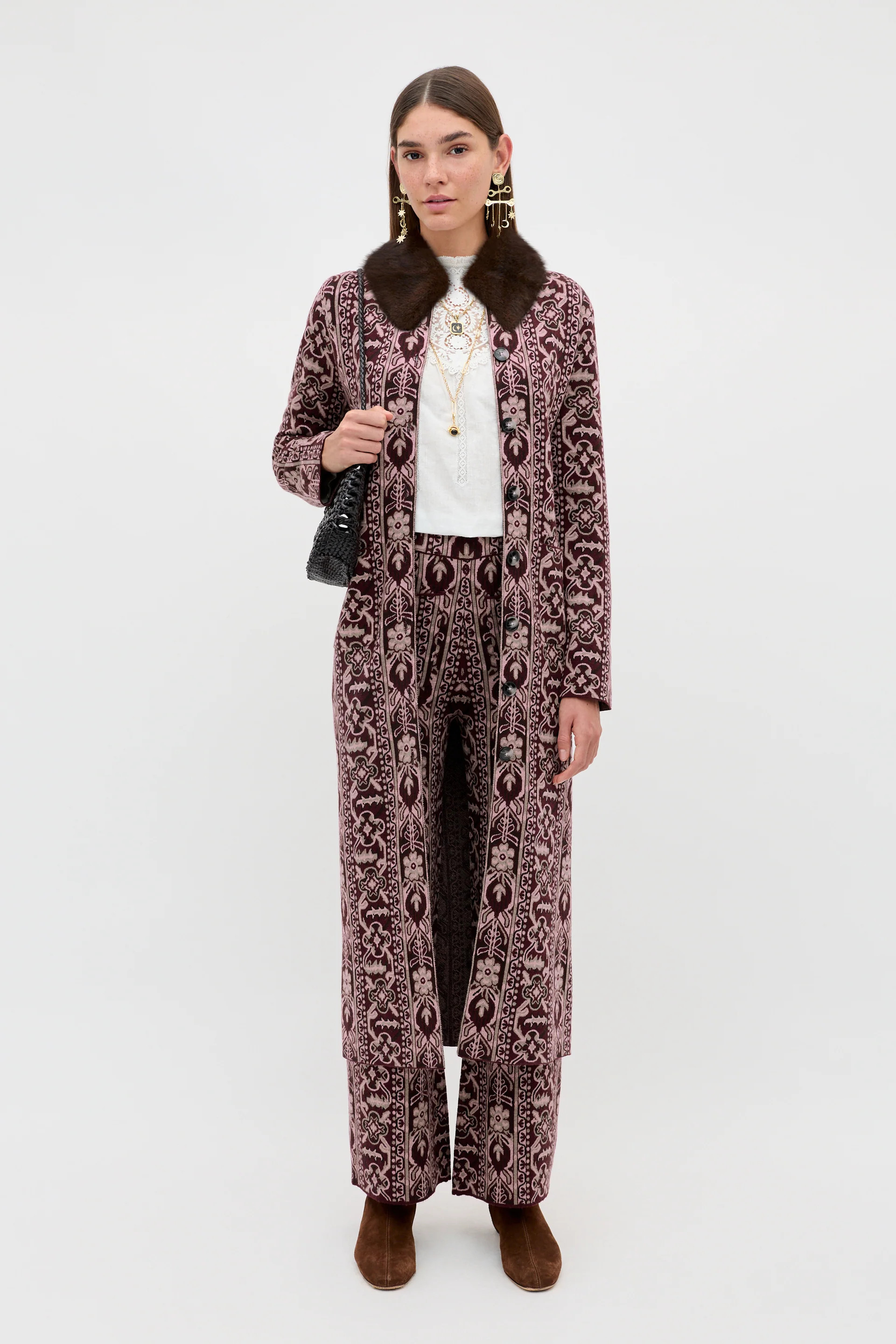 Jacoba Wool Blend Cardigan in Burgundy Tapestry Bloom Bordeaux | Rixo
