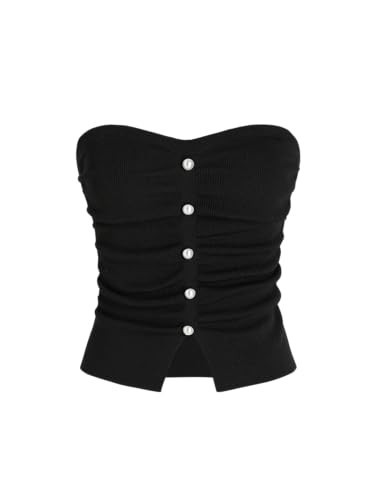 CIDER Faux Pearl Tube Tops for Women Crop Knit Split Hem Ruched Going Out Tops Cute Summer Outfits Y2K Black | Amazon (US)