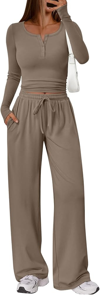 Trendy Queen Women's 2 Piece Matching Lounge Sets Long Sleeve Henley Neck Slightly Crop Top Wide ... | Amazon (US)