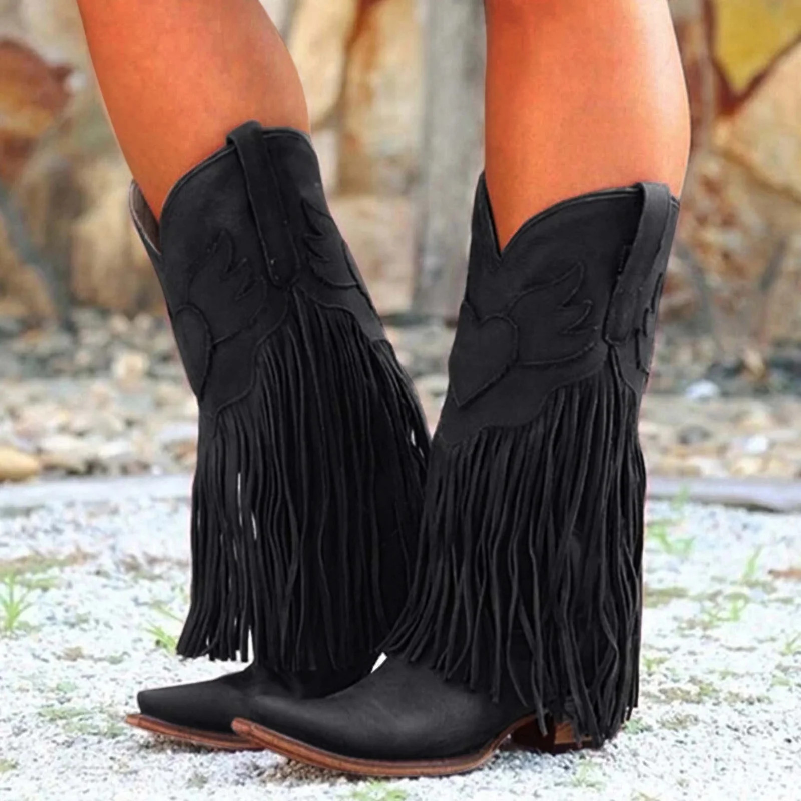 Yinguoyinguo womens boots comfortable pull on heel pointed toe fringed boots western knee high bo... | Walmart (US)