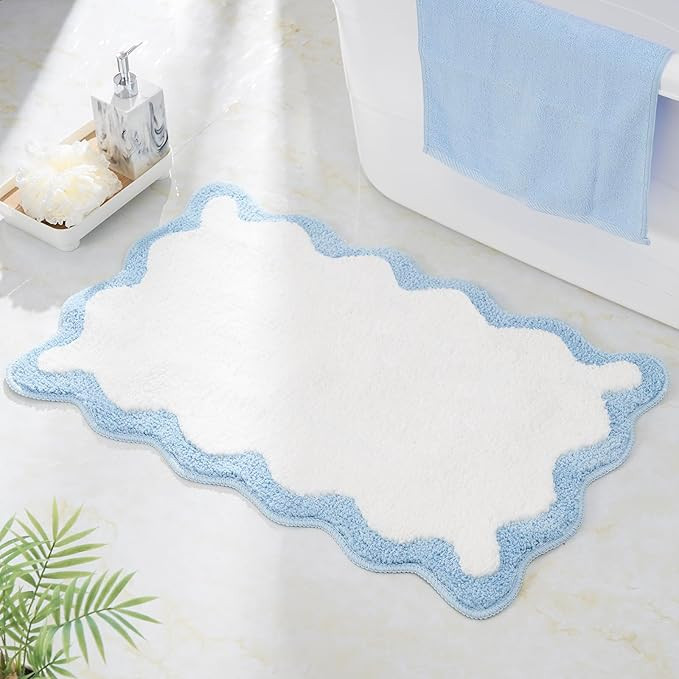 Luxury Cute Bathroom Rugs, White Bath Mat W/Blue Scalloped Edge, Microfiber Aesthetic Trendy Funk... | Amazon (US)