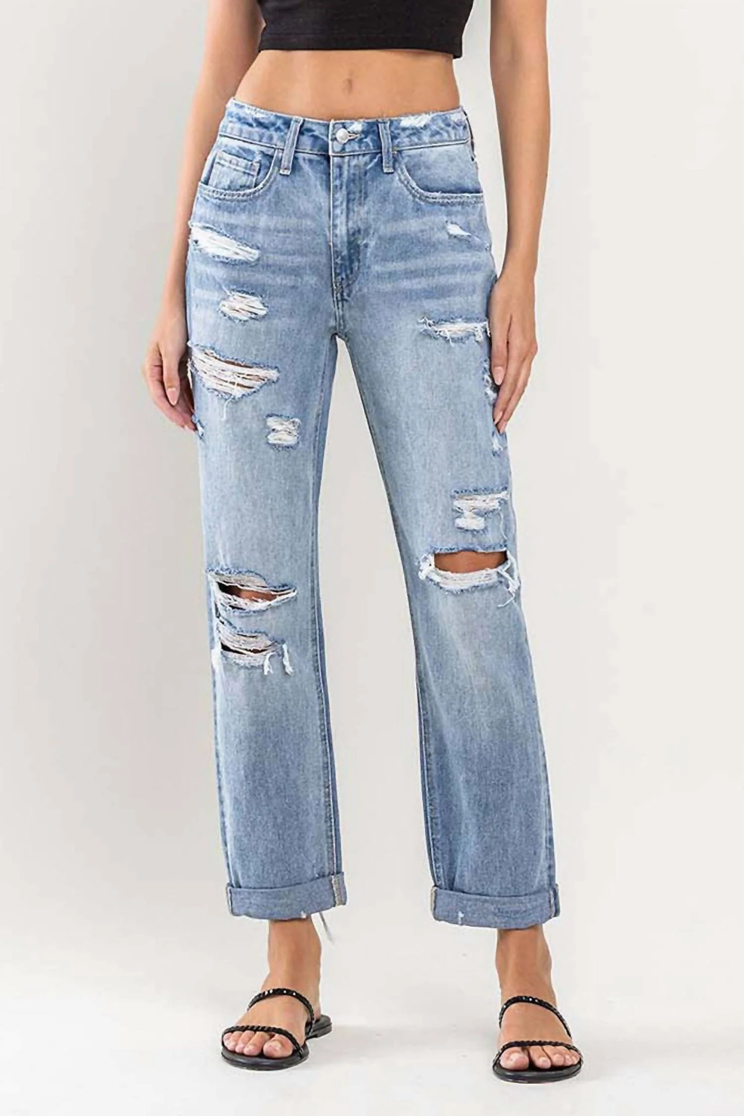 High Rise Cuffed Distressed Rigid Boyfriend Jeans In Medium | Shop Simon