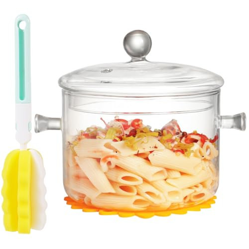 Clear Glass Cooking Pot With Lid And Brush And Silicone Hot Pads On Stove - 1.5L(51oz) Borosilicate Glass Simmer Pot And Pan With Cover - Glass Cookware Stovetop Pot Set For Pasta, Noodle, Soup, Milk | Amazon (US)