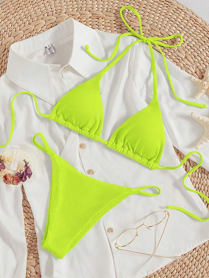 SHEIN Swim Summer Beach Neon Lime Halter Triangle Bikini Set Bathing Suit | SHEIN