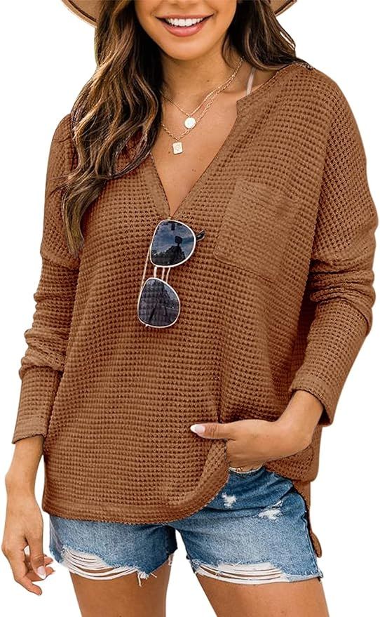 PINKMSTYLE Womens Waffle Knit V Neck Oversized Pullover Sweater Off The Shoulder Long Sleeve Tops... | Amazon (US)