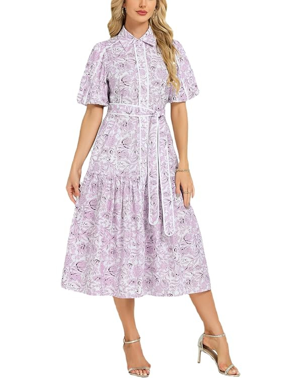 Ladyful Women's Floral Midi Dress Puff Short Sleeve Long Cotton Shirt Dress | Collared, Button Do... | Amazon (US)