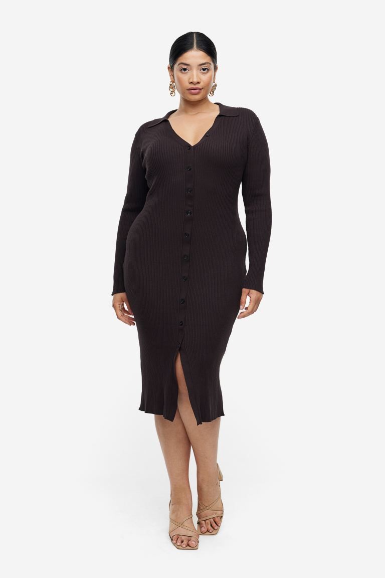Rib-knit Button-front Dress - Dark brown - Ladies | H&M US | H&M (US + CA)