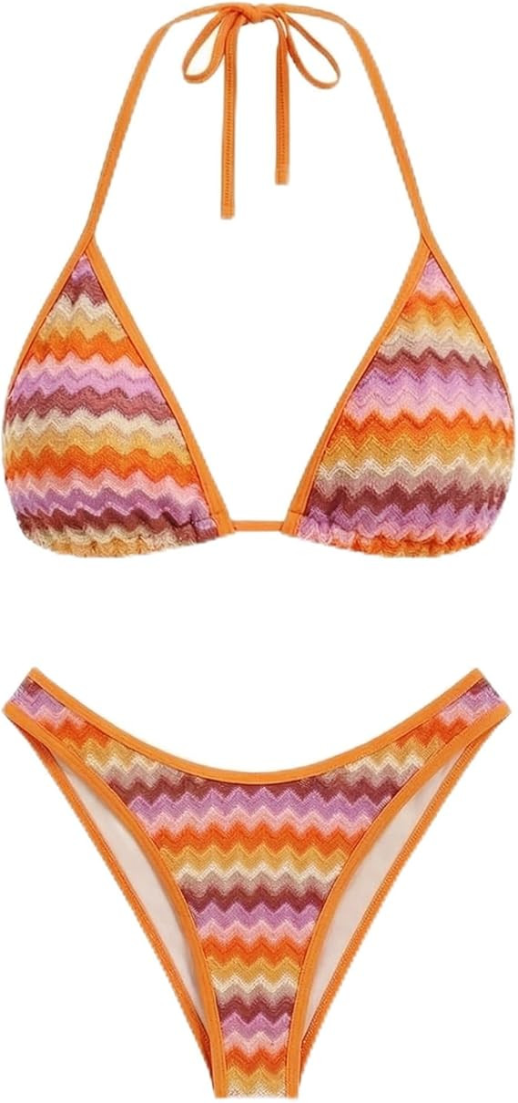 seamoly Women's Bikini Sets Halter Neck Crochet Colorblock Two Piece Swimsuits Open Back Sexy Hig... | Amazon (US)