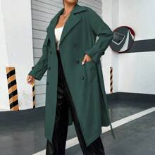 Plus Size Casual Academic Retro America Style Double Breasted Side Pocket Long Windbreaker | SHEIN