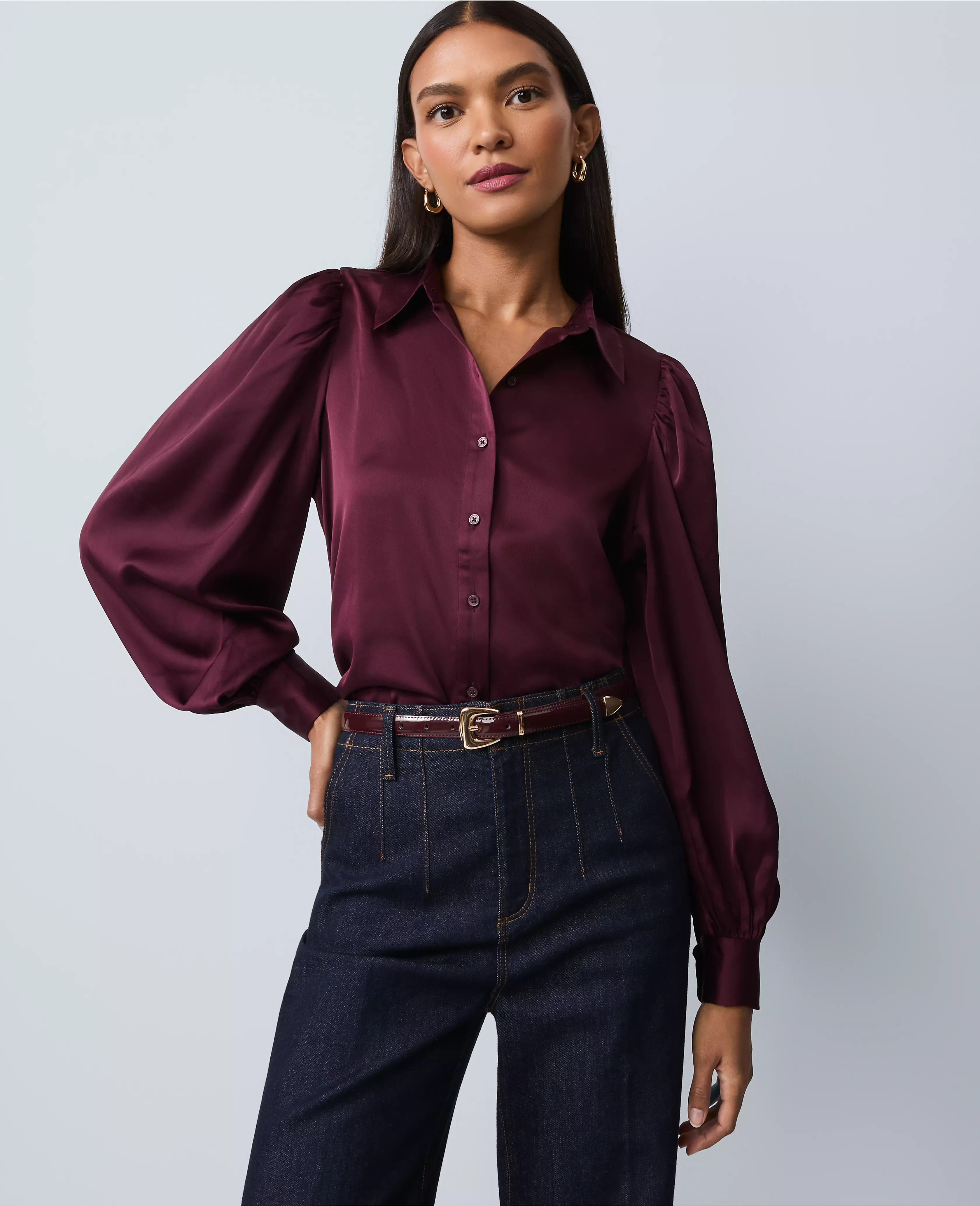Satin Blouson Sleeve Blouse | Ann Taylor