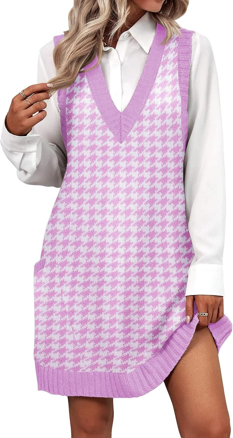 Zeagoo Womens Sweater Vest Dress Pattern Knitted Pullovers Sweaters V Neck Tank Sweater Dress with Pockets | Amazon (US)