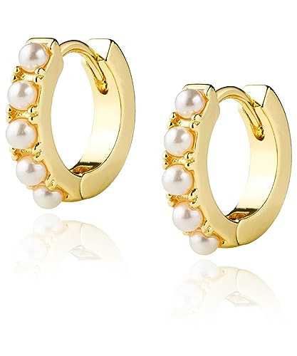 LAVLA Pearl Huggie Earrings | 14k Gold Plated or Silver Small Tiny Pearl Hoop Earrings For Women (Gold Pearl) | Amazon (US)