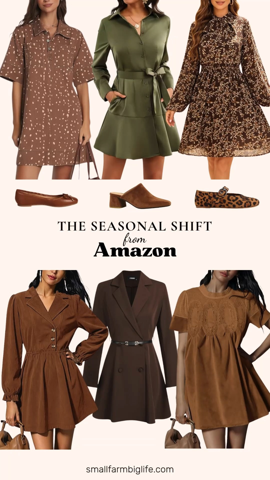 The Seasonal Shift

This roundup leans into fall dresses that work just as well in the office as they do for a date night out. The army green button up midi shift dress and the chocolate brown v neck mini dress with a belt are both perfect work outfits, easy to dress up with a blazer or down with flats depending on the day.

For something a little more textured, the brown corduroy button up dress with a notch lapel and empire waist is a great fall business casual workwear pick, and the light brown faux suede babydoll dress with lace patchwork works well for a date night outfit. The denim shirt dress is an easy casual option for the weekend, and the brown and beige leaf print chiffon midi dress with bow tie sleeves is romantic enough for date night while still being office appropriate with the right layers.

For shoes, the cognac ballet flats with a bow and the cognac suede chunky heel mules both pair beautifully with any of these dresses, and the leopard mesh ballet flats add a fun print if you want to switch things up.

#falloutfits #workoutfits #dateoutfits #businesscasual #falldresses 

 #LTKootd #LTKOver40 #LTKWorkwear