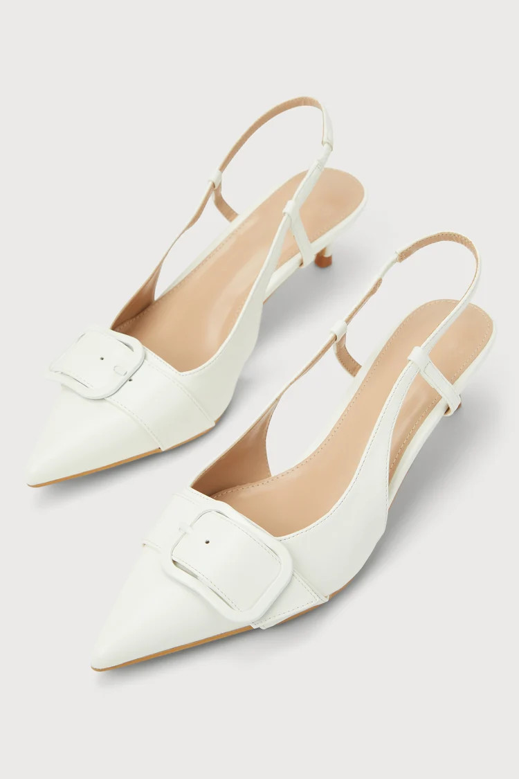 Gwenneth White Buckle Pointed-Toe Kitten Heel Slingback Pumps | Lulus