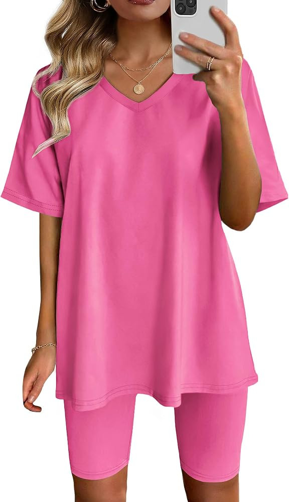 AGSEEM Two Piece Outfits For Women Summer V Neck T-Shirt Tops Biker Shorts Workout Sports Tracksu... | Amazon (US)