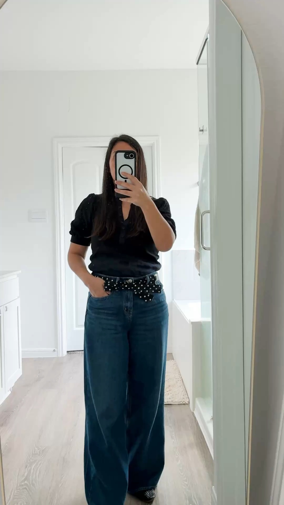 I got new jeans because I needed more comfort while still feeling stylish. I love that they are just the right length in petite size. I think on Old Navy these jeans have a tik tok viral tag on them. I can see why. I love having a quality black shirt to wear and I added some interest and pattern with the polka dot belt. My husband doesn’t like these wide leg style jeans, so I am glad that I am the one wearing them. 😊

#LTKootd #LTKPetite