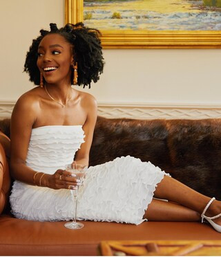 x Venita Aspen Odette Plisse Pearl Trim Strapless Sheath Midi Dress | Dillard's