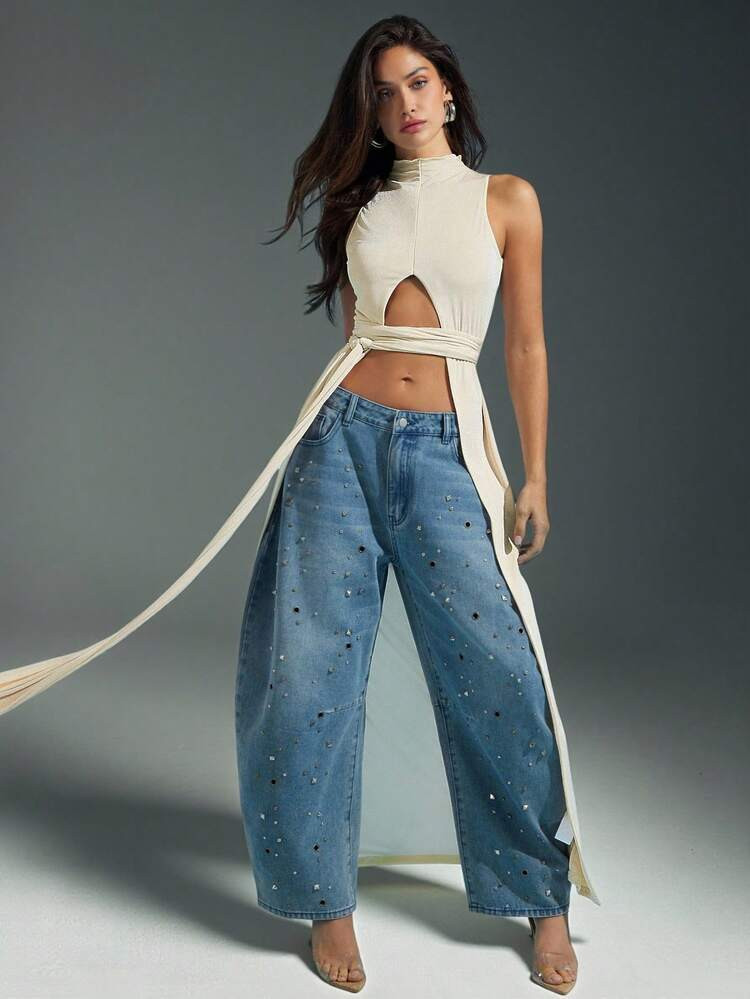 Denimoi Mouwloze top met hoge split en gedrapeerde tailleband | SHEIN