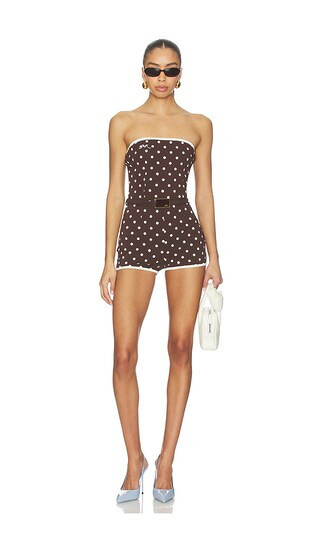 Rowen Rose Polka Dots Bustier Mini Jumpsuit in Brown. - size 36 | Revolve Clothing (Global)