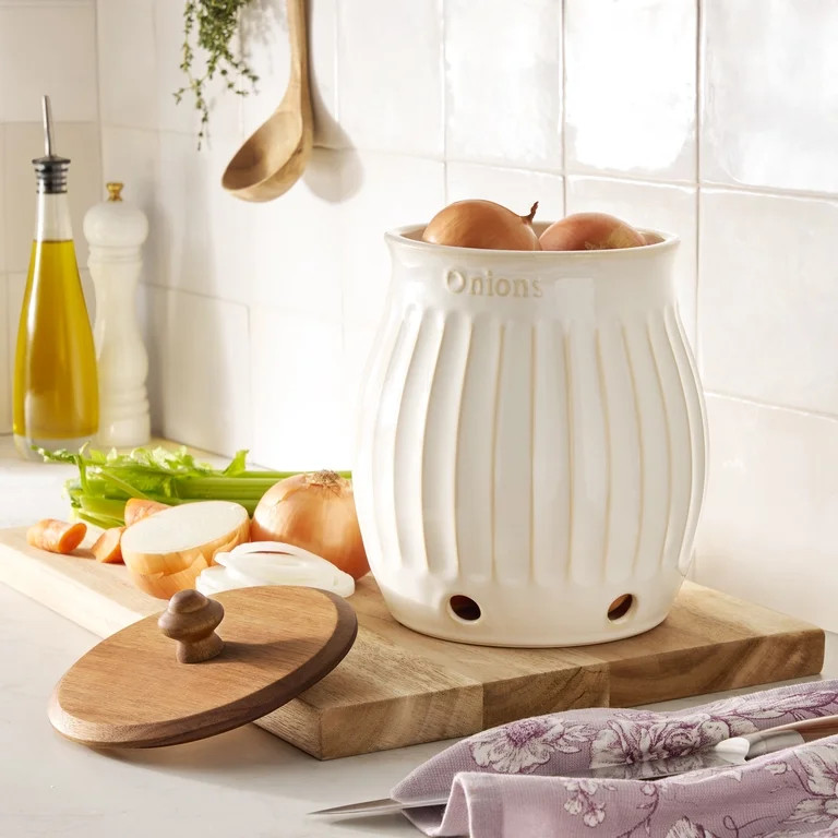 The Pioneer Woman Colette Stoneware Onion Keeper, White | Walmart (US)