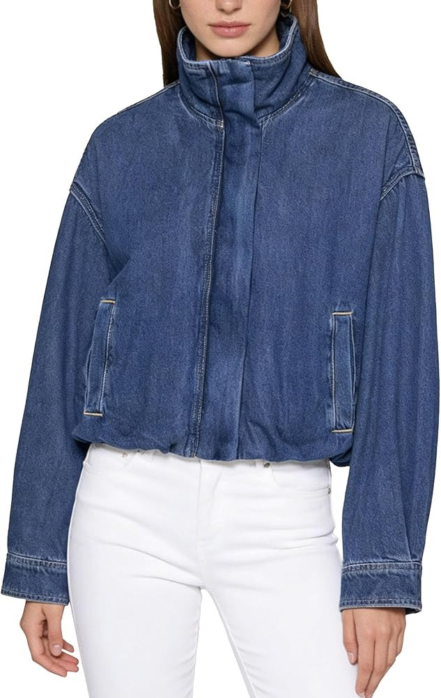 Denim Bomber Jacket Women Denim Bomber Jacket Lightweight Zip Up Short Jean Coat Fall Casual Shac... | Amazon (US)