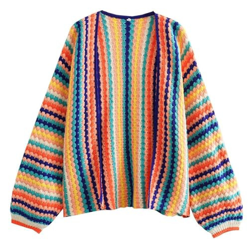 HOULENGS Women's Rainbow Cardigan Sweater Open Front Long Sleeve Boho Colorful Crochet Sweater Coat Fall Winter Outerwear Colourful One Size | Amazon (US)