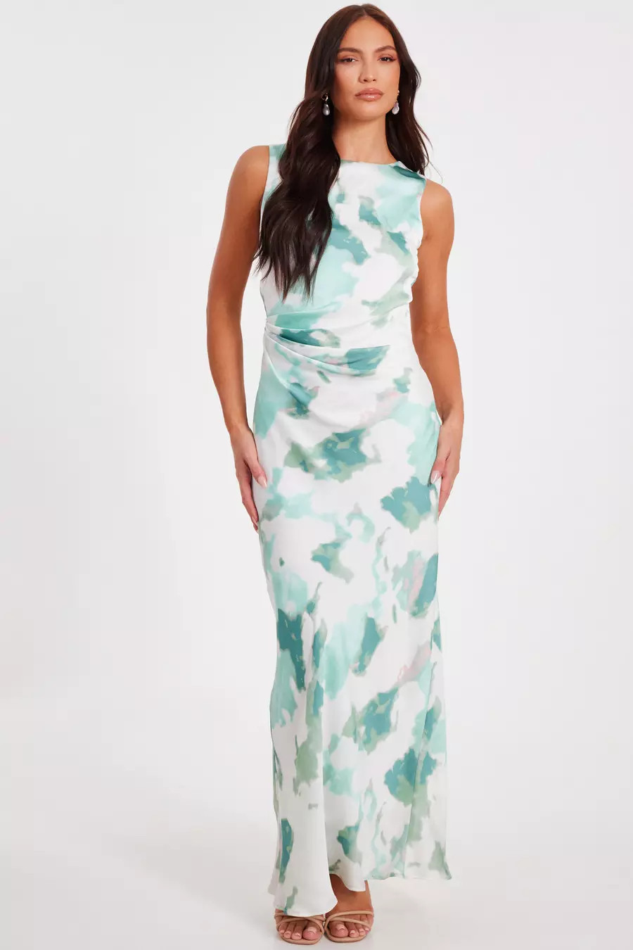 Green Satin Marble Midaxi Dress | Quiz Clothing