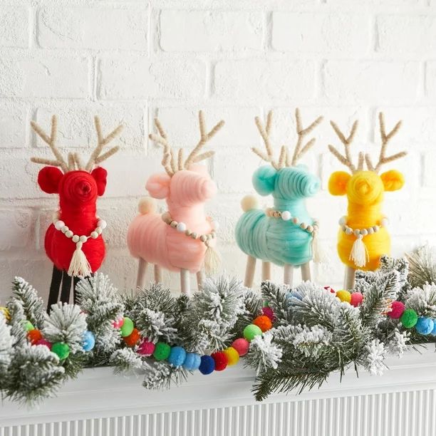 Holiday Time Bright Yarn Reindeer Tabletop Decorations, 13", 4 Count | Walmart (US)