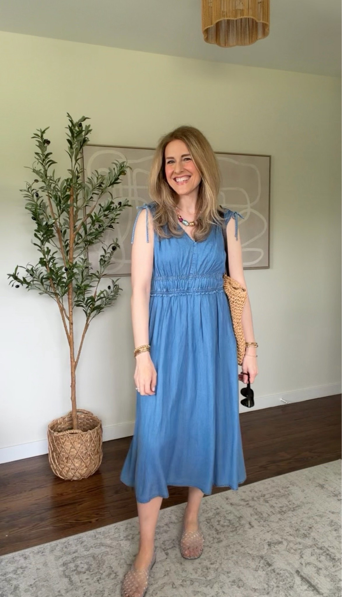 Walmart chambray midi dress with ruching, cute and comfy, looks like Madewell! I’m in my usual size small. #walmartfashion

#LTKOver40