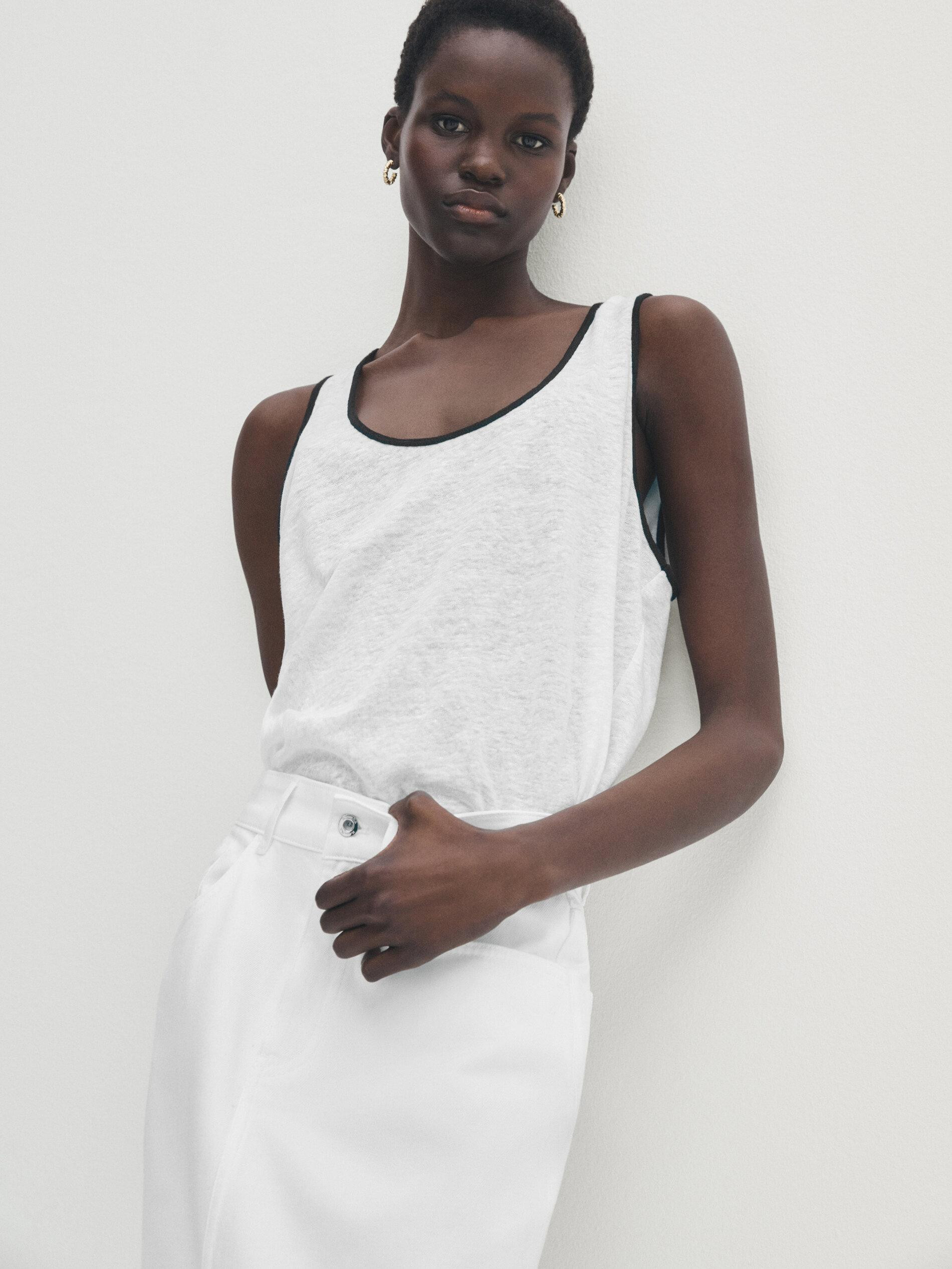 Linen T-shirt with contrast straps | Massimo Dutti US