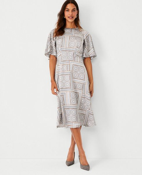 Mosaic Flutter Sleeve Flare Dress | Ann Taylor (US)