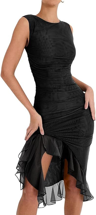 VNIRA Open Back Dress for Women Ruffle Bodycon Tank Ruched Sexy Y2K Mermaid High Slit Cocktail Fo... | Amazon (US)