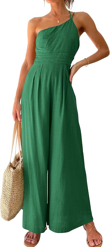 pengnight Women 's Summer Casual Sleeveless Jumpsuit One Shoulder High Waist Straight Wide Leg Tr... | Amazon (US)