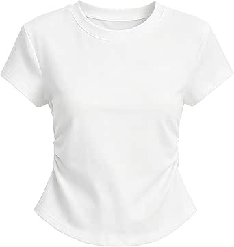 Womens Side Ruching Cropped T Shirts Short Sleeve Crewneck Fitted Top Set Gym Workouts Yoga Casua... | Amazon (US)