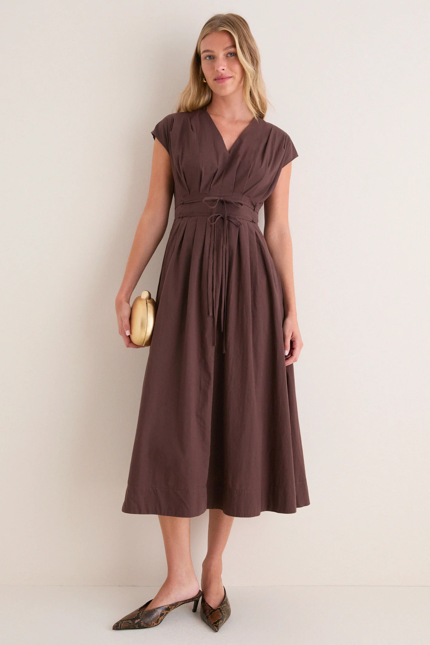 Dark Brown Pleated V Neck Midi Dress | Tuckernuck (US)