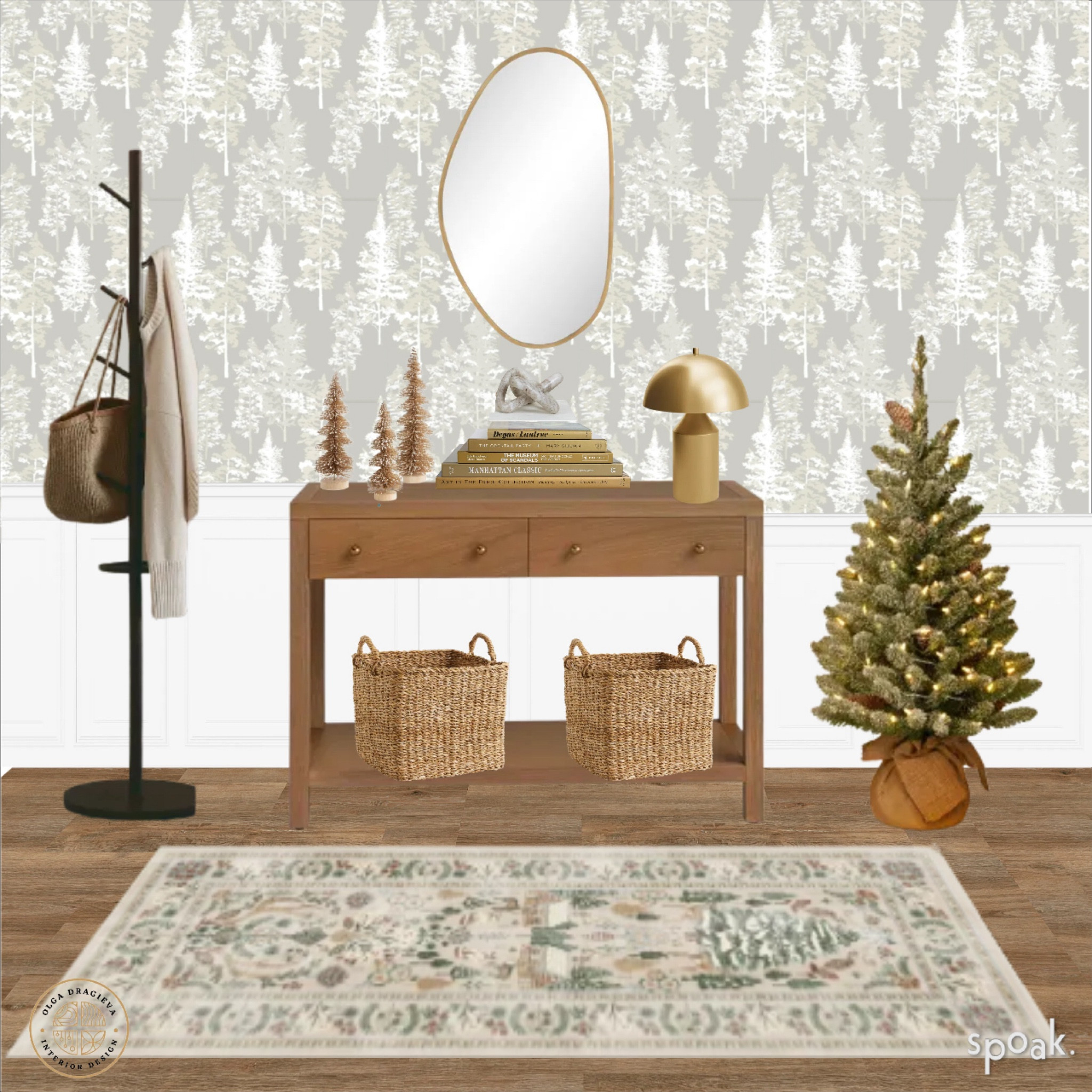 Gorgeous Christmas Entryway design/mood board! Beautiful console table, washable rug, faux Christmas tree, gold table lamp, golden wall mirror, Christmas decor, botanical wallpaper, coat rack. 

#LTKHoliday #LTKHome #LTKSeasonal