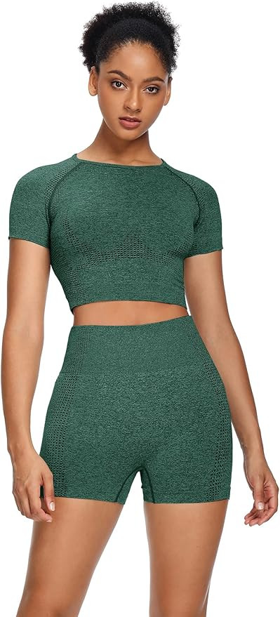 Sytiz Women Seamless Yoga Outfits 2 Piece Set Workout Gym Shorts + Short Sleeve Crop Top | Amazon (US)