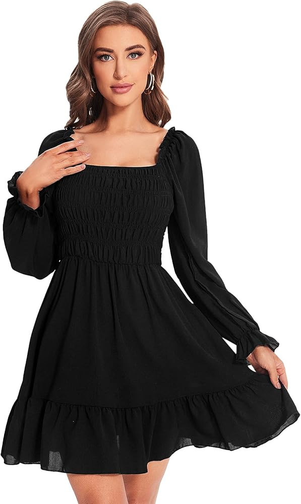 WDIRARA Women's Square Neck Long Lantern Sleeve Ruffles Midi Aline Dress | Amazon (US)