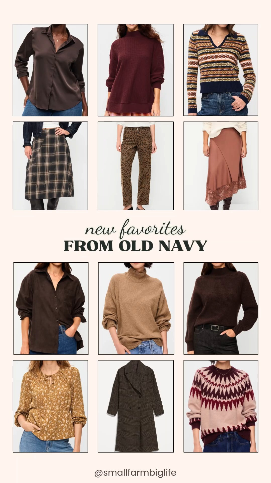 New Favorites From Old Navy 🍂 These new Old Navy arrivals are full of rich fall colors, cozy knits, and trendy textures, all at prices that make a fall fashion haul easy. Sweater weather starts with a chocolate brown SoSoft mock neck shaker sweater, a heather camel SoSoft turtleneck, and two fun Fair Isle picks: a navy multi split neck collar sweater and an oversized pink and burgundy crewneck. For tops, there's a chocolate brown oversized faux suede button down shirt, a black coffee satin button down, a burgundy oversized mock neck top, and a golden yellow floral tie front top. The molasses candy lace trimmed satin midi skirt and the black and tan plaid midi skirt are perfect for date night outfits, and brown leopard high waisted loose jeans add a playful touch to any look. Top it all off with a brown plaid oversized full length overcoat. So many easy pieces for fall outfits for women over 50 and beyond!

#oldnavy #oldnavystyle #falloutfits #fallfashion #sweaterweather 

 #LTKootd #LTKOver40 #LTKSaleAlert